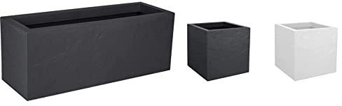 EDA - Jardinière Volcania'Up 57 L - Décor Imitation Pierre - 79,5 x 29,5 x 29,5 cm - Gris Anthracite & Pot Carré 21 L - 29,5 x 29,5 x 29,5 cm - Gris Galet