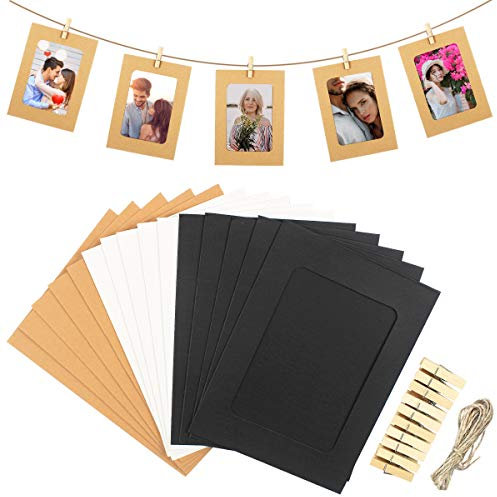 30 Stück Papier Fotorahmen mit 30 Stück Holzklammern und 3 Stück Hanfseil Set, 6x4 Zoll Kraftpapier Bilderrahmen, Bunt Pappe Papierrahmen für Zuhause Schule Büro Wand DIY Dekoration (3 Farben)