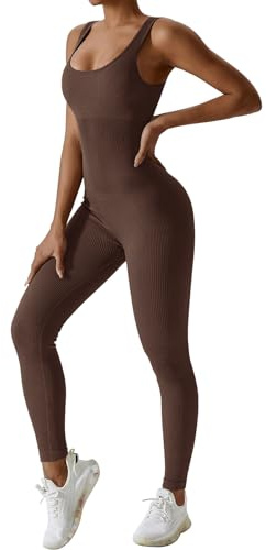 MAYROUND Gym Jumpsuit for Women One Piece Ribbed Rompers Sleeveless Bodycon Sports Leggings Square Neck Tank Top Playsuit(Grey,L)
