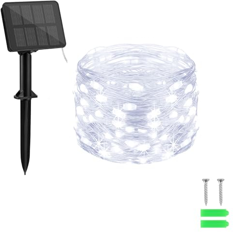 cshare Solar Lichterkette Aussen, 10M 100LED Solar Lichterkette Kupferdraht 8 Modi Timer IP65 Wetterfest für Hof, Weihnachtsbaum, Garten, Schlafzimmer, Balkon, Tor Innen/Außen Dekorationen (Kaltweiß)