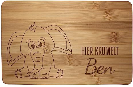 wandmotiv24 Personalisiertes Frühstücksbrettchen, 22x14 cm, Hier krümelt, Elefant, Name, Holz, Schneidebrett, Geschenke M0821