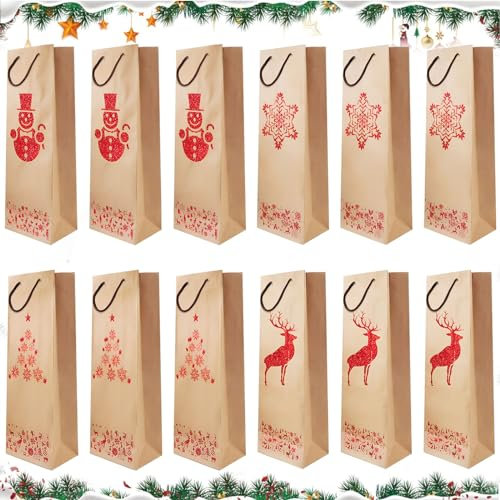 Lot de 12 Sacs Cadeaux pour Bouteilles de Vin - Papier Kraft pour Noël, Anniversaires, Dîners et Cadeaux