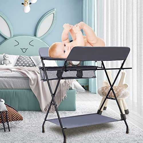 Klappbar Baby Wickeltisch Wickelauflage Tragbarer Wickelkommode Badewanne Wickel Auflage Baby Wickelkombi mit rutschfesten Fußabdeckungen, Sicherheitsgurt (Khaki)