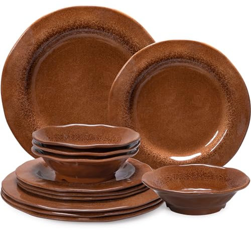 LEHAHA Brown Dishes Melamin-Geschirr-Sets, 12-teiliges Teller- und Schüssel-Set für 4, unzerbrechliche Outdoor-Geschirr-Sets für Picknick, Camping und unterhaltsame Geschirr-Set für 4 Personen
