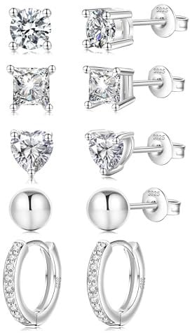 EXGOX Sterling Silver Stud Earrings,925 Silver Earrings for Women Girls Hypoallergenic Silver Hoop Earrings Dainty Ball Heart Stud Earrings Shiny Cubic Zirconia Diamond Stud Earrings Set(5 Pairs)