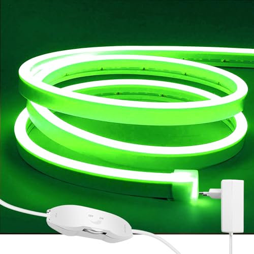 ShineBurky 5M Neon LED Strip Grün, 12V Neon LED Streifen Dimmbar Flexibel Wasserdicht IP65 Lichtleiste Silikon Led Neon Lichtband für Wohnzimmer Schlafzimmer Wand Deko DIY (Inklusive Netzteil)