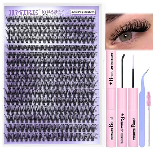 JIMIRE DIY Eyelash Extension Kit 320Pcs Individual Eyelashes Kit with Bond and Remover Lash Glue and Lash Applicator 40D 9-16mm D Curl Lash Clusters Kit Wispy Lash Extension Kit DIY at Home