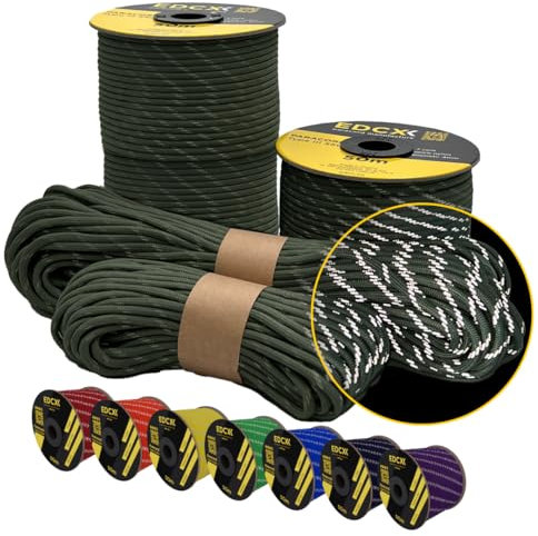 EdcX 4 mm Reflective Paracord 550 (15, 30, 50 m) – Typ III, 100% Nylonseil, 7 Litzen Seil, 4mm Nylonseil in vielen Farben