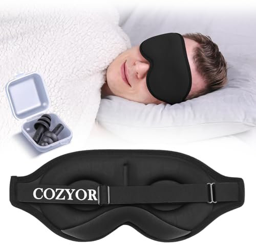 Schlafmaske mit 3D Polster 100% dunkel für Seitenschläfer mit Silkon Ohrstöpseln Augenmaske weich für Flugzeug, schwarz Eclipse, Schlafbrille mit verstellbarem Gummiband für Erwachsene & Kinder