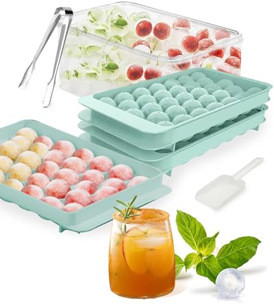 Trongle Mini Ice Cube Tray Balls, 99PCS Ice Ball Molds for Freezer, 3 Trays and 1 Ice Bucket, Scoop & Plier, Easy to Remove, Reusable Ice Trays, Good for Freezer Cocktail Coffee Tea (Green), SX-034