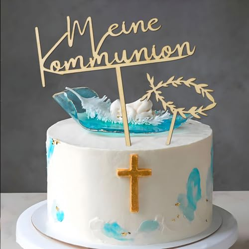 COLOFALLA 2 Stücke Cake Topper zur Kommunion Holz Kommunion Torten Topper Kuchen Topper Kommunion Fisch Kuchen Deko Kommunion Tortendeko für Kommunion Junge Mädchen