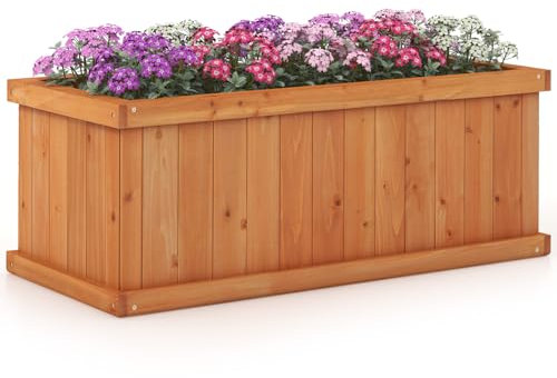 COSTWAY Wooden Garden Planter, Rectangular Trough Box Flower Pot with Drain Holes, Herb Plant Vegetables Container for Indoor Outdoor Backyard Patio Balcony (78 x 35 x 30cm, 4 Holes)