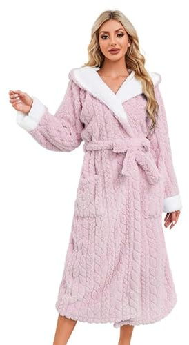 LYCY Damen Plüsch Bademantel Lang mit Kapuze, Hausmantel Flauschig mit Taschen & Gürtel, Warm Weich Fleece Morgenmantel Robe für Zuhause, Wellness & Urlaub