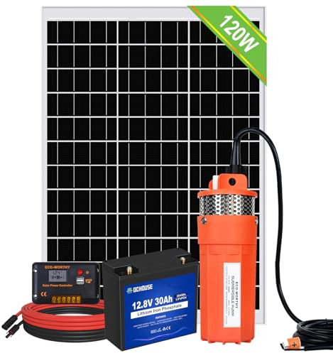 DCHOUSE Set di pompe solari per fontana con batteria di backup, pompa dell'acqua solare da 12V + set di pannelli solari da 120W + batteria da 30Ah + controller da 20A per fontane, irrigazione