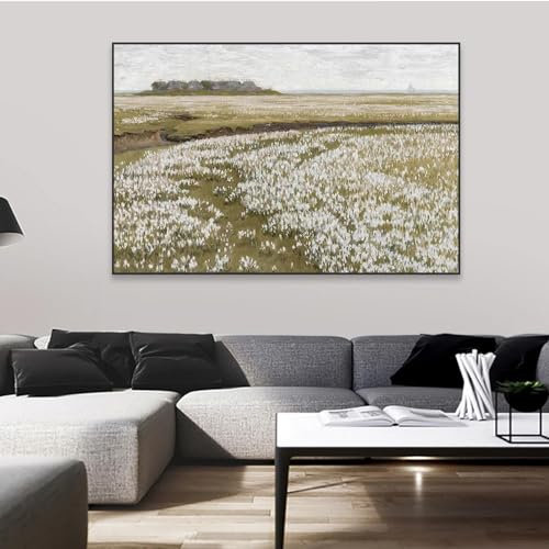 KDXAOBEI Gerahmte Vintage-Landschaftswandkunst-Leinwanddrucke, grenzenloses Grasland voller weißer Blumen, Leinwandgemälde, Wanddekoration, 40 x 60 cm (12 x 24 Zoll) mit Rahmen