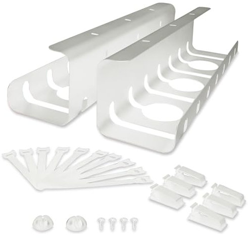 Goulotte de Bureau - Gestion des Câbles pour l'Ordre sur le Plan de Travail - Support en Z en Acier 43 x 10 x 10 cm - Accessoires Inclus (2 Pièces, Blanc)