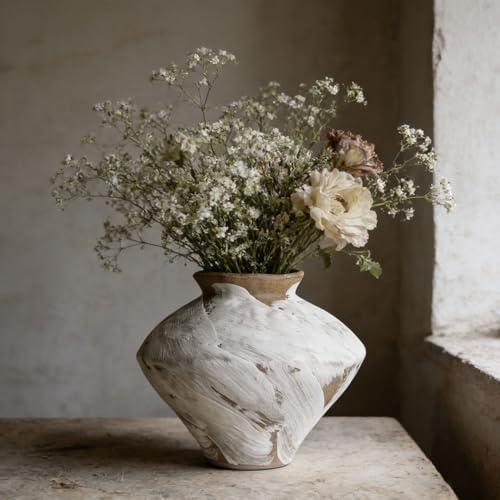 Wabi Sabi Vintage Vase, 15,5 cm Hohe Wabi Sabi Dekor Rústische Landhaus Keramik Vase für Mittelpunkt, Weiße Strukturierte Keramik Blumenvase für Heimdekoration, Tisch, Wohnzimmer, Schlafzimmer
