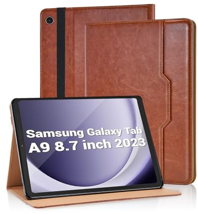 Vkooer Case for Samsung Galaxy Tab A9 8.7-Inch 2023 (SM-X110/SM-X115/SM-X117), PU Leather Business Folio Flip Cover Multi-Angle Viewing Smart Stand Cover with Pocket, Hand Strap - Brown