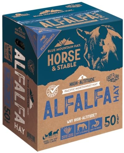 Blue Mountain Hay High-Altitude Alfalfa Hay Easy Flake Box (50 lb),Leafy Texture, High Protein Fiber & Minerals, Easy Storage Feed Solution for Homestead Use