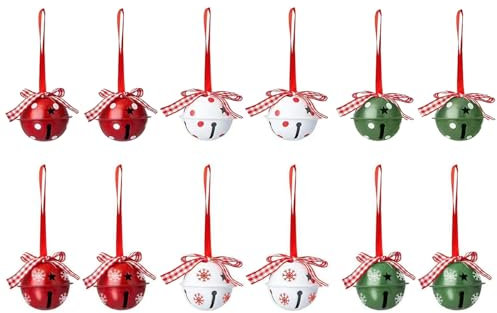 MOTUZP 12 Stück Weihnachtsglocken-Ornamente, Weihnachts-Glöckchen, Weihnachts-Hängedekorationen, Metallglocken mit Bändern für Kranz, Weihnachtsbaum, Festival, Basteln, Heimdekoration