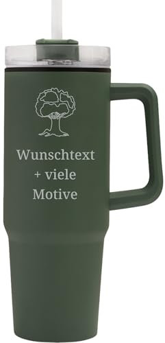 Trinkbecher XXL - personalisiert mit Gravur, Name, Spruch, Motiv - Farbe Grün, 900 ml großer Henkelbecher mit Deckel + Strohlhalm, Geschenkidee für Freunde, Kollegen, Familie