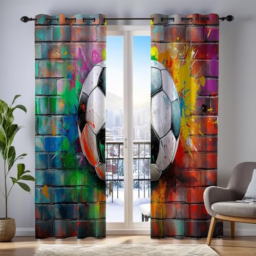MULERN 2Er Set Blickdicht Vorhänge Wohnzimmer, 3D Graffiti Fußball Muster Blickdicht Schlaufenschal Farbe Verdunkelungsvorhang, Lärmminderung Gardinen Fensterdekoration H160 X B140 cm