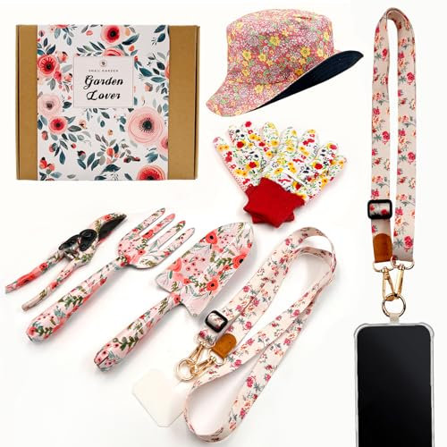 SNAIL GARDEN 7-teiliges Gartengeräte Set mit Doppelseitigem Sonnenhut & Handy-Halterung - Blumenmuster Werkzeuge, rutschfeste Handschuhe + Geschenkbox | Garten Geschenke für Frauen