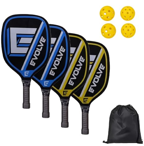 Pickleball - Set di racchette per paddle Pickleball con 4 pagaie, 4 palline e 1 borsa per il trasporto, per principianti e giocatori di tempo libero, per interni ed esterni (giallo)