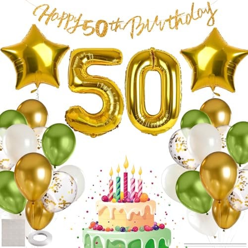 MIEWAA Deko 50. Geburtstag Mann, 50er Geburtstag Luftballon Frau, Geburtstagsdeko 50 Jahr mit 50th Happy Birthday Banner, Groß Zahl 50 und Stern Folienballon, Latex Konfetti Ballon Grün-Gold-Weiß