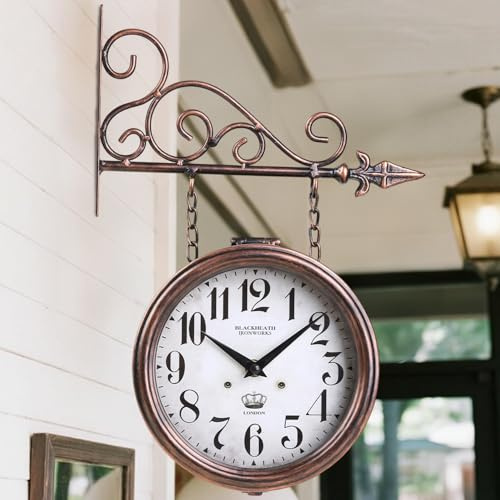 TOHOOYO Wall Clock Iron London Clock Antique Double- Sided Clock Wrought Iron Antique Wall Art Numbered Iron Wall Decor Hanging Double Sided Room Wall Decoration Wall Clock Round/Brown