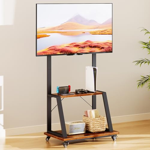 Dripex Mobile TV Stand on Wheels for 32-70 Inch TVs, Adjustable Height TV Cart with Bracket Mount max VESA 600x500mm max 80kgs with 2 Tier Storage Shelves for Bedroom, Living Room, Home Gym