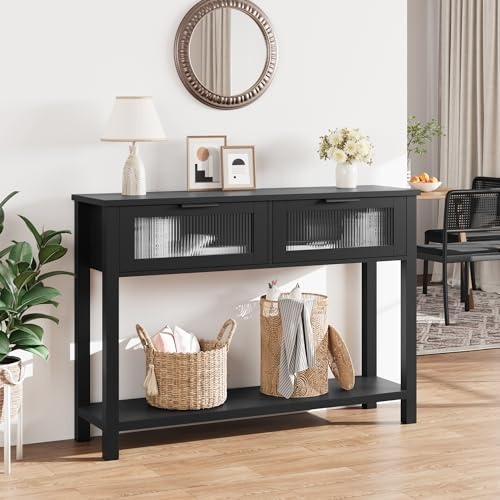 Salutmeuble Table d'Entrée, Table Console en Bois avec 2 Tiroirs en Verre, Console Meuble à 2 Niveaux avec Rangement pour Salon, Chambre, Couloir 110 * 30 * 80cm