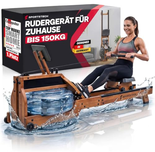 Sportstech, Rudergerät für Zuhause + FSC-zertifiziertem Naturholz WRX500 | Wasserrudergerät mit 10L Tank, bis 150 kg belastbar, LED-Knob-Display, Sportstech Live App, für Ganzkörpertraining zuhause