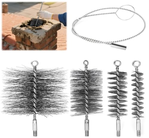 OJTOJT Rohrreinigungsbürsten-Set mit 4 Größen, für Kamin Ofenrohr und Grill | Ofenrohrbürste mit 4 Stahlbürsten 30/50/80/150mm und 1m Flexibler Edelstahl-Schubstange, Schornsteinfeger Bürste für Kamin