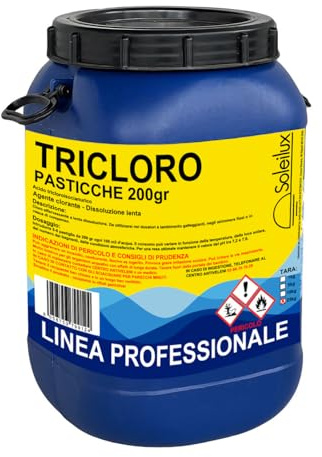 SOLEILUX Cloro Lento 90%, 25 kg di Tricloro in Pastiglie da 200 grammi per Piscina, a Lenta Dissoluzione, Trattamento per Mantenere Costante il Livello del Cloro nell' Acqua di Piscine