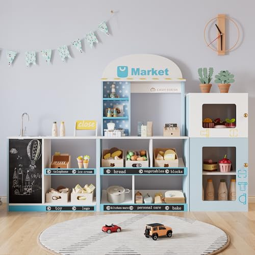 FammyLoft Kinderküche mit Regalen, Spielküche mit Kühlschrank, Holzküche Kinder, Puppenküche, EN71-Normen, EIN Ausgezeichnetes Geschenk für Kinder ab 3 Jahren, 155x30x107cm, Holz + Kunststoff, Blau
