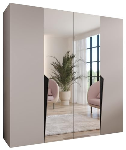 MEBLE KRYSPOL - Kleiderschrank - Garderobenschrank - 200 cm x 202 x 52 cm - Schrank mit Kleiderstange und Spiegel, 4 Türen - für Schlafzimmer, Flur - Piano, Kaschmir, Griff Schwarz