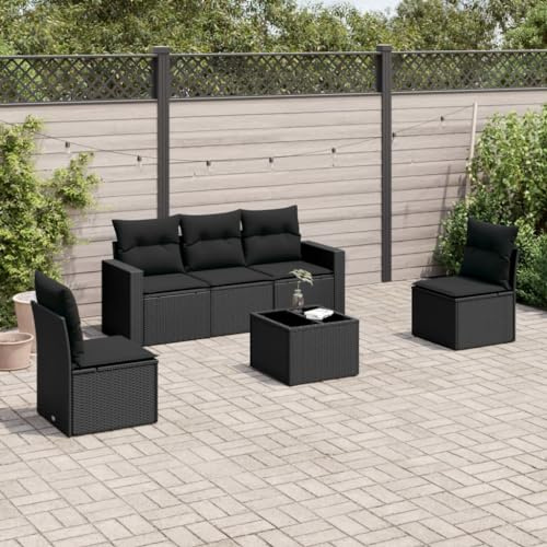 Hoopleep Ensemble de 6 canapés de jardin en polyrotin noir - Modulable - Avec coussins - Table basse en verre trempé pour terrasse, balcon - Résistant aux UV