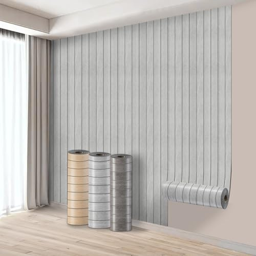 Takezuaa 5 Roll Self Adhesive Thermal Wallpaper 3mm Thick Light Grey Wood Effect Wallpaper Peel and Stick Wall Panels for Walls Ceilings - Suitable for Living Room, Meeting Room, TV Wall 40cm x 3m