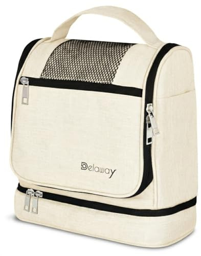 DELAWAY XXL Kulturbeutel zum Aufhängen [Design 2026] Große Kulturtasche für Damen, Herren mit Kofferhalterung und separatem Nassfach - Waschtasche für Männer & Frauen (Beige Neu)
