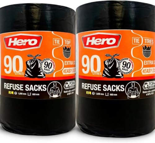Hero Extra Strong Black Bin Bags, Refuse Sacks, Tie Top, 90 Litre, Pack of 90 (180)