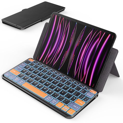 Foluu Portable Bluetooth Keyboard with 150° Adjustable Stand, Dual BT 5.1, 7 Colour Backlit, Compact Rechargeable Wireless Keyboard Compatible with iPad iPhone iOS Android Windows Tablets Smartphones