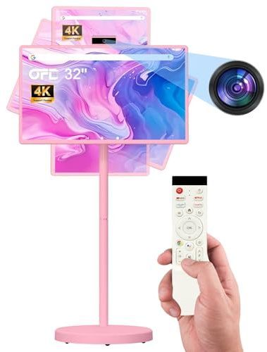OFD 32 Zoll FHD Smart Portable TV auf Rädern, Rolling TV 1080P Touchscreen Android 15 OS Monitor,8GB RAM + 128GB Speicher, 8MP Kamera, 360° Drehbar, Sprachfernbedienung