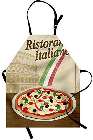 ABAKUHAUS Pizza Kochschürze, Ristorante Italiano-Konzept mit Weinlese-Schmutz-Art-Druck mit Pizza und Collosseum, Höhenverstellbar Klare Farben ohne verblassen, Mandel Paprika
