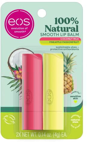 eos Superweicher Shea-Lippenbalsam – Kokosmilch und Ananas-Passionsfrucht | 24-Stunden-Hydration | Lippenpflege zur Befeuchtung trockener Lippen | glutenfrei | 4 g | 2 Stück