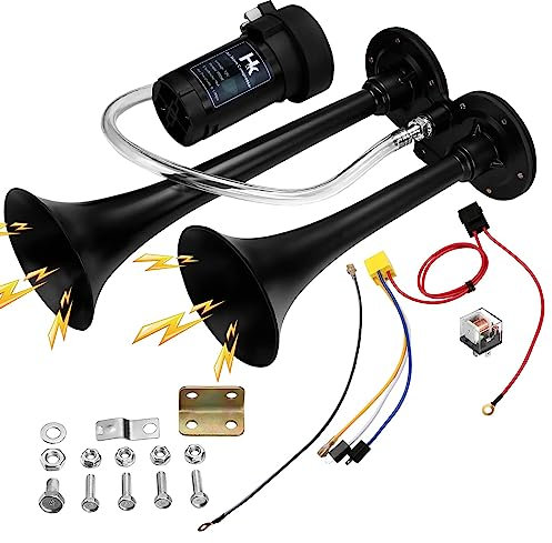 Klaxon à air 12 V 150 dB super puissant double trompette avec compresseur, Avertisseur pour tous les véhicules 12 V Camion Train, bateau, Voiture, Vans Kit (Noir)