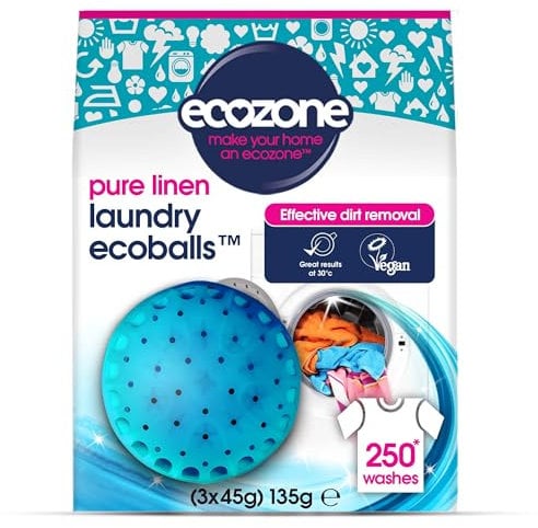 Ecozone Ecoballs, Laundry Pods for Washing Machines, Re-Usable Hypoallergenic Capsule with Pellets, Pure Linen Fragrance, Natural Vegan & Eco Friendly, Refillable Detergent Alternative (250 Washes)
