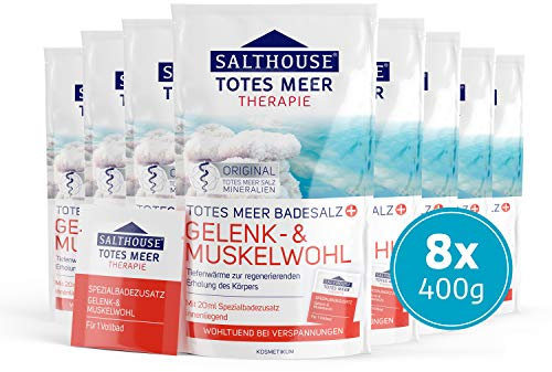 SALTHOUSE® Original Totes Meer Therapie Badesalz Gelenk- & Muskelwohl | 8er Vorteilspack | 8x 400 g + je 20 ml Spezialbadezusatz | Ideal bei Muskelverspannungen | Intensive Tiefenwärme, Regeneration