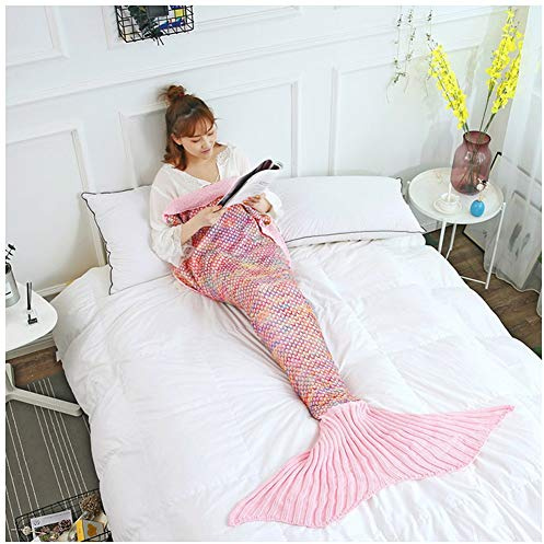 YOUCAI Meerjungfrau Decke für Mädchen Damen Warmes Wohnzimmer Sofa Decke Handgemacht Gestrickt Meerjungfrau-Schwanz-Decke Meerjungfrau Schlafsack Pink 180x90cm
