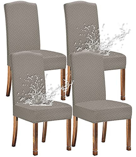 KELUINA Stretch wasserdichte Jacquard mit langem Gitter Esszimmer Stuhlhussen Home Decor, Stuhlhussen für Esszimmerstühle(Taupe,4 Stück)